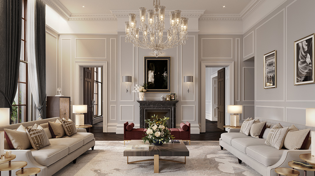 客厅——莱佛士OWO公寓——由1508 London设计的伦敦奢华公寓